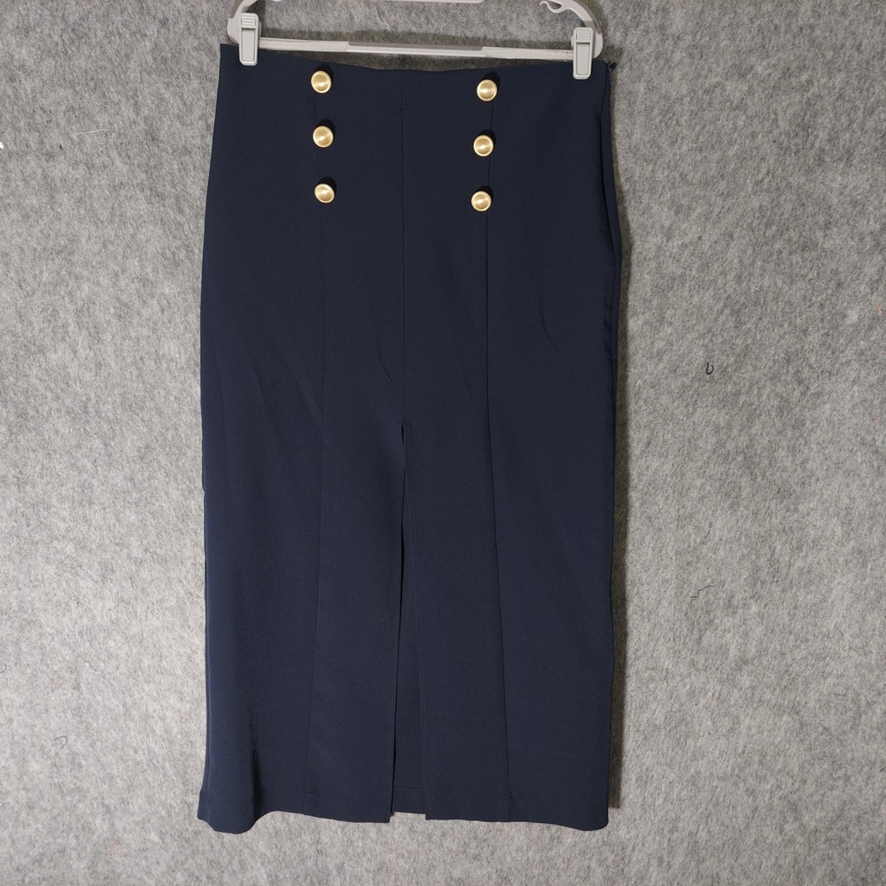 Zara Women Skirt XL Navy Skipper Sailor Gold Button High Waist Midi Front Slit